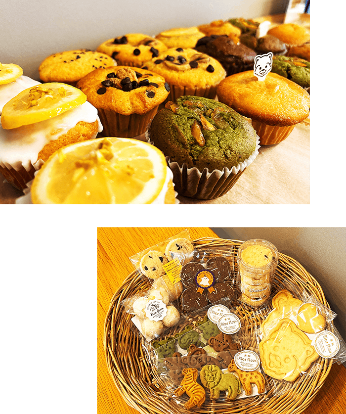 店舗に並んだ米粉マフィンや米粉クッキー